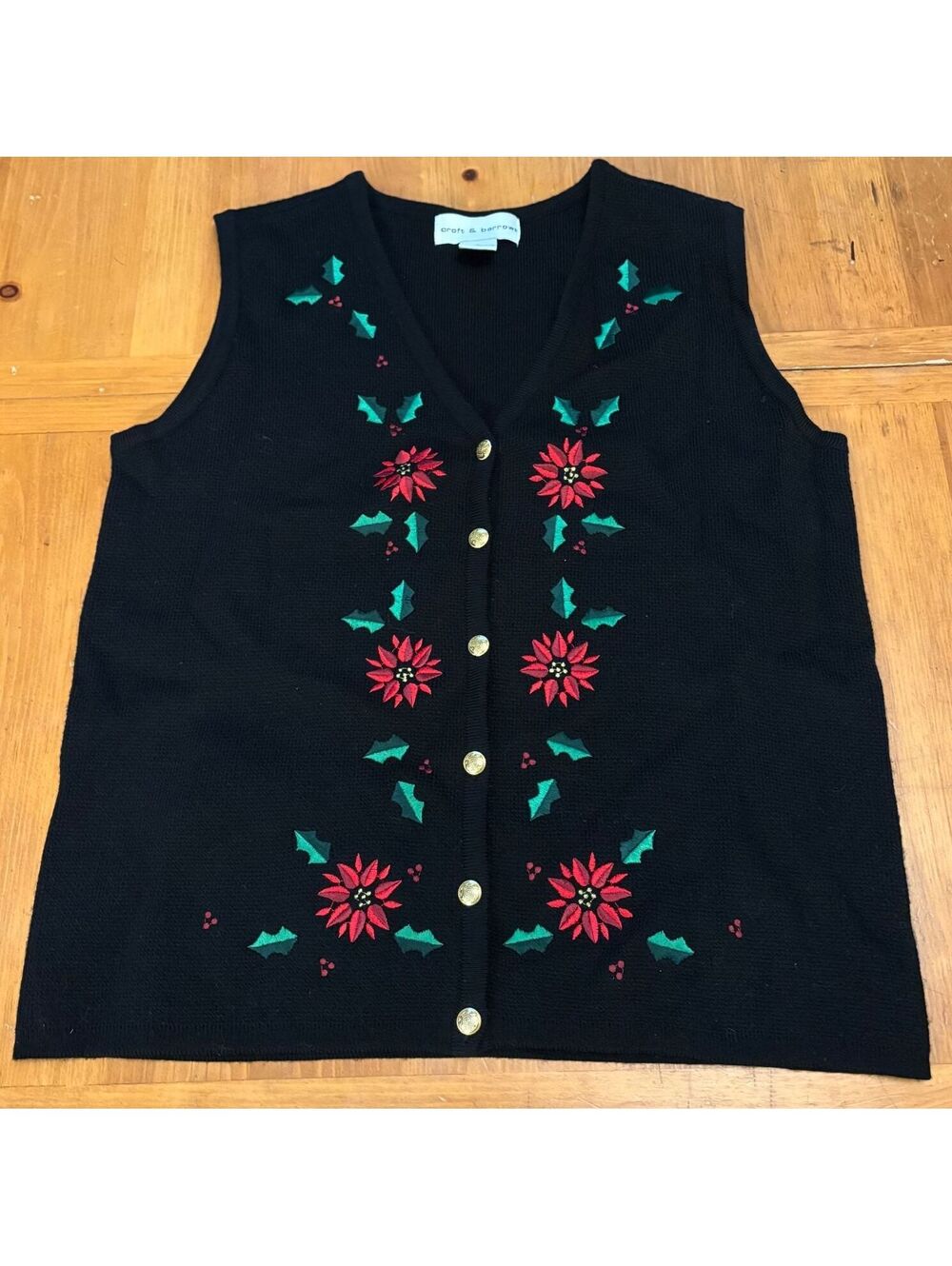 VTG Croft & Barrow Christmas Vest Size Small Black Poinsettia Holly Gold Buttons